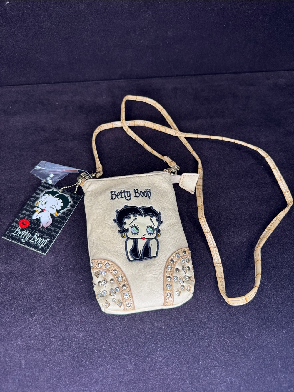 Betty Boop Cream Crossbody Phone Pouch with rhinestones details